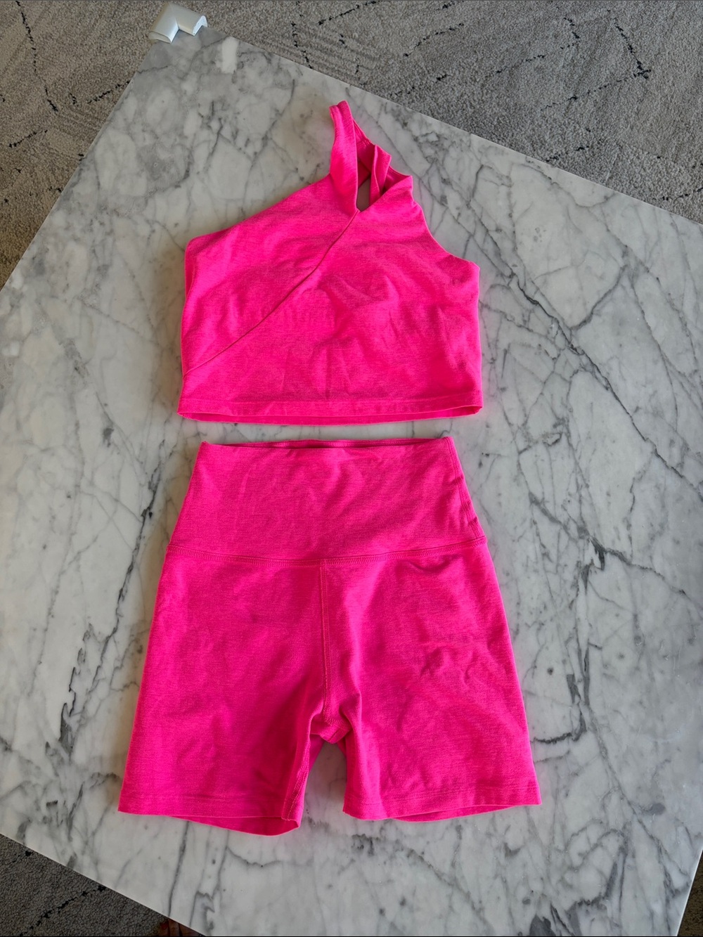 Beyond Yoga Electric Pink One-Shoulder Crop Top & High-Waist Bike Shorts Set